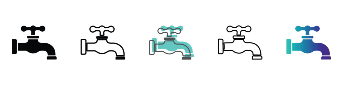 Collection of water faucet icons in various styles and colors
