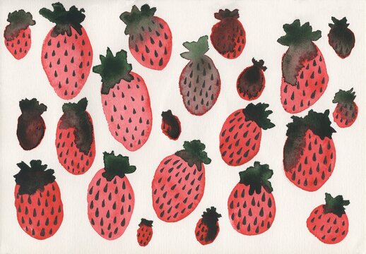 A beautiful horizontal watercolor illustration of red strawberries