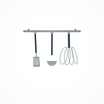 Flat vector kitchen utensils animation featuring hanging whisk ladle and spatula cooking tools