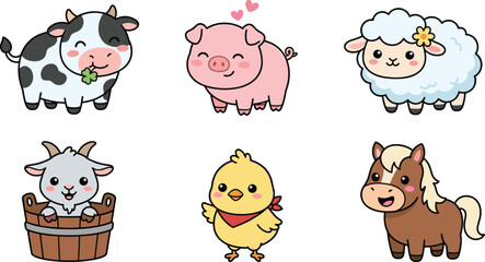 Obraz premium Cute Farm Animal Character Set Featuring Cow, Pig, Sheep, Goat, Chick, and Pony in Adorable Cartoon Style Illustrations