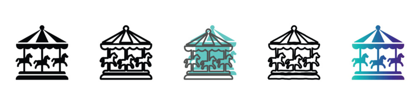 Carousel horse icons in various styles for amusement park and carnival themes