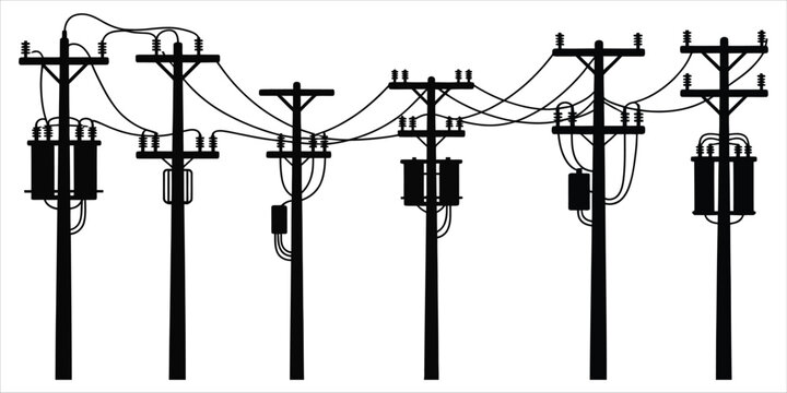 Black silhouettes of multiple utility poles with transformers and wires on white background Keywords: utility pole, power line, electricity