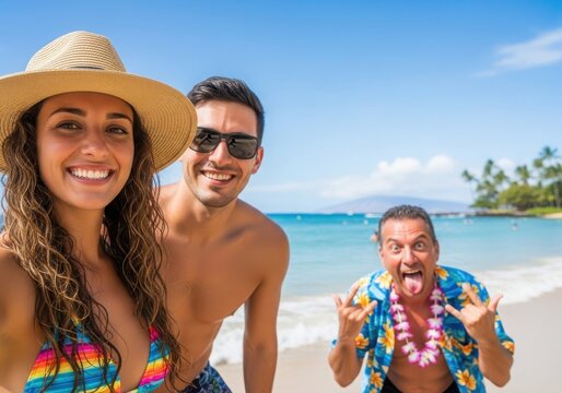 Happy friends taking a selfie on a sunny tropical beach with a man making a funny face in the background