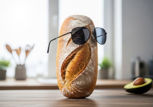 A cool loaf of bread wearing sunglasses on a kitchen counter