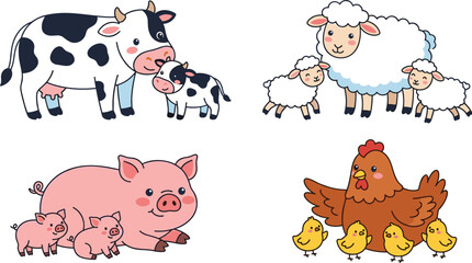Cute Farm Animal Family Collection Featuring Cow and Calf, Sheep with Lambs, Pig with Piglets, and Hen with Chicks © MstSuborna