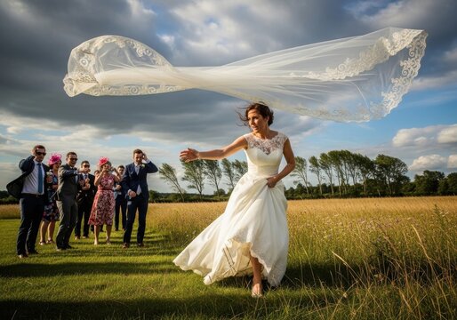 A beautiful bride in a white wedding dress with her long veil blowing in the wind in a field with wedding guests watching in the background