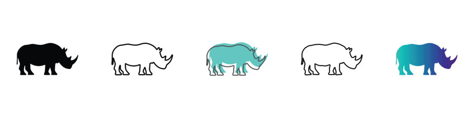 Collection of rhinoceros icons in various styles and colors on a white background © Vova7