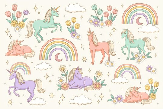 A collection of magical unicorns in various poses with rainbows, clouds, sparkling stars, and colorful flowers on a soft cream-colored background
