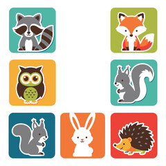 Naklejka premium Colorful illustrations of forest animals including raccoon, fox, owl, squirrel, rabbit, and hedgehog in squares