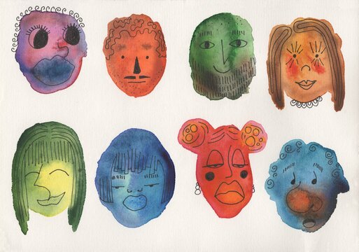 A vibrant watercolor illustration of eight stylized  human faces