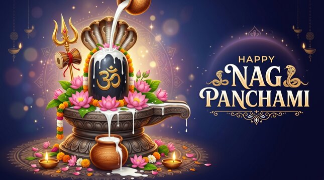 Happy nag panchami festival greeting with lord shiva lingam and trishul decorated with lotus flowers on dark background
By Kiran