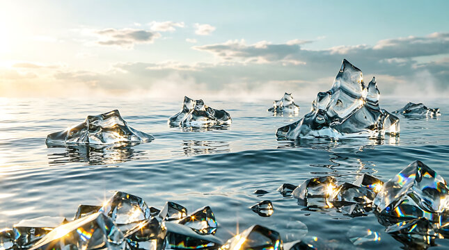 Seagulls on a snowy winter beach with penguins by the cold ocean shore at sunset