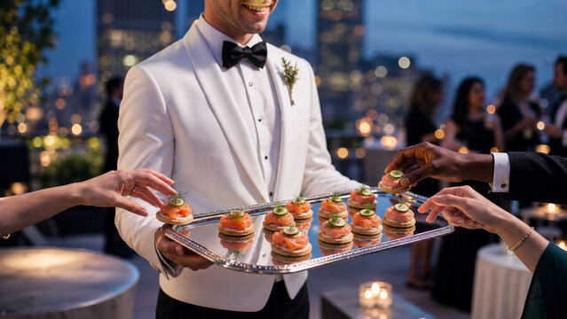 Formal server in a white tuxedo offers salmon canapes on a silver tray during an upscale evening reception with blurred city lights.