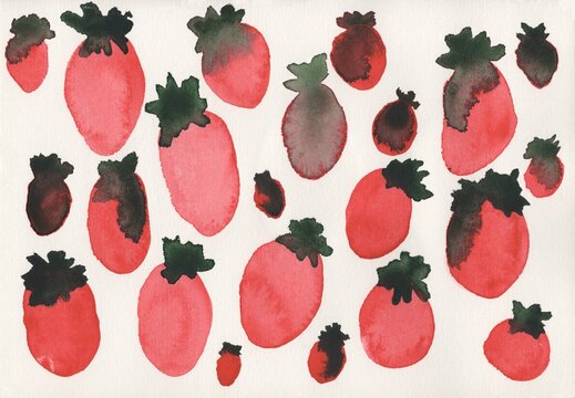 A minimalist watercolor illustration depicting stylized strawberries