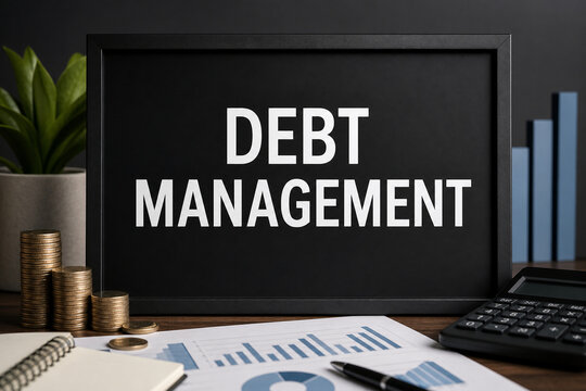 Debt management sign on a desk with coins, calculator, financial charts and office decor, representing budgeting, credit control and finance planning.