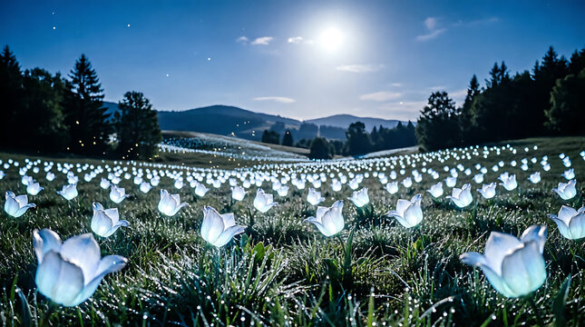 Spring mountain meadow with flowers and green park landscape under blue sky and clouds