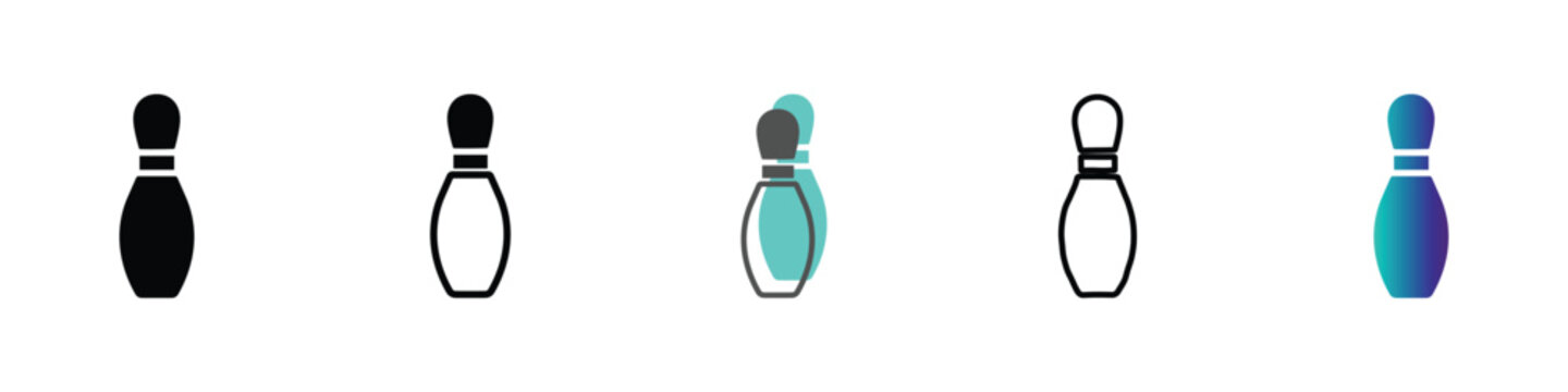 Collection of bowling pins icons in various styles and colors on a white background