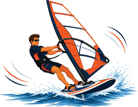 Man windsurfing on water with sailboard windsurfer