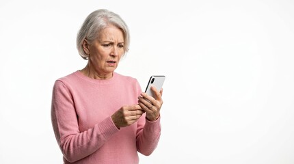 Fototapeta premium Senior Woman Expressing Concern While Looking at Her Smartphone