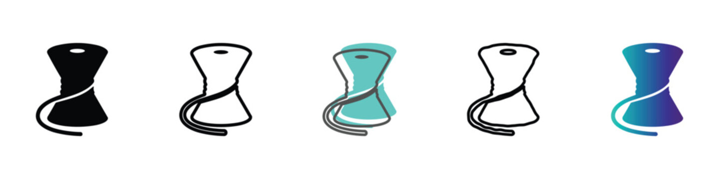 Set of spool icons with thread, representing different styles and colors