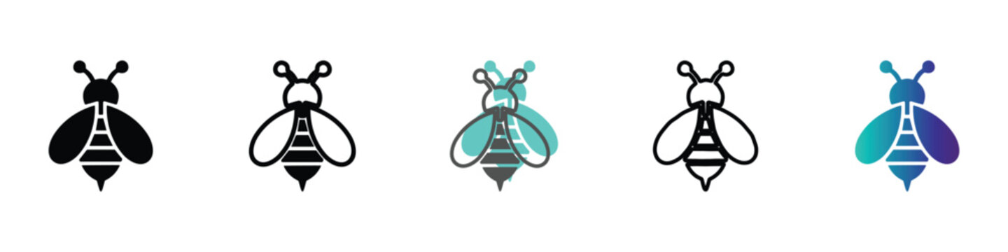 Collection of stylized bee icons in various artistic styles and colors