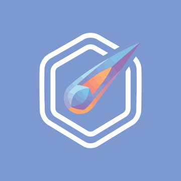 A geometric hexagon icon featuring a stylized colorful comet