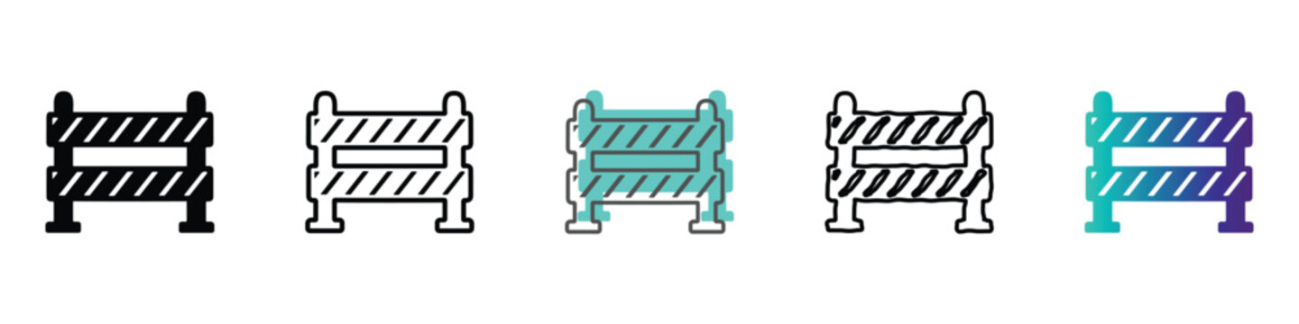 Set of construction barricade icons in different styles and colors for safety and traffic control
