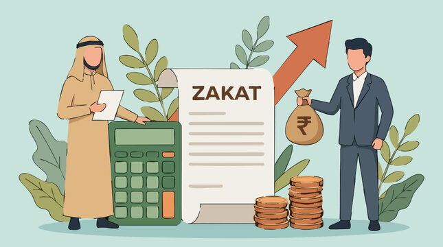 Zakat Calculation and Donation Concept with Men, Money, and Calculator
