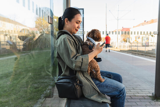 Woman waiting at bus stop with her pet