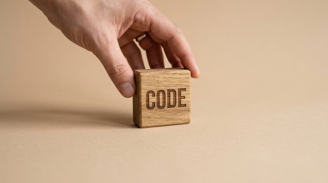 Hand places wooden block engraved with word code