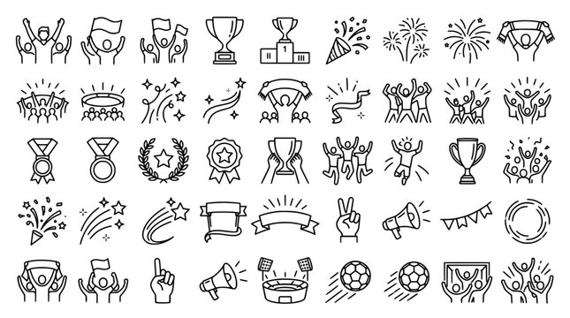 Soccer fans celebration and champion victory line icon set featuring linear vector outlines of cheering crowds stadium fireworks and trophies