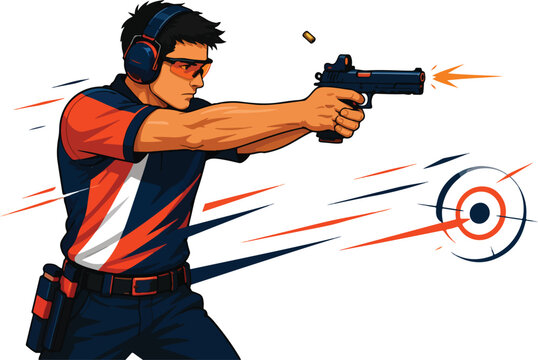 Shooter aiming pistol at target with ejected shell casing