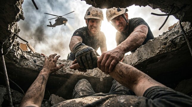 Point-of-view survivor lying in rubble pit reaching up to gloved and bare hands rescue helicopter earthquake