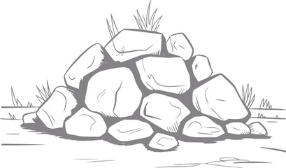 Pile of rocks with grass growing from them, simple line © Anjuman_42