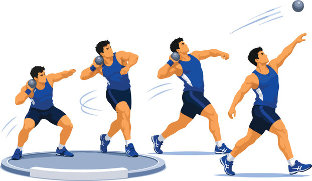 Athlete performing shot put in sequence on white background Keywords: shot put, athlete, sport