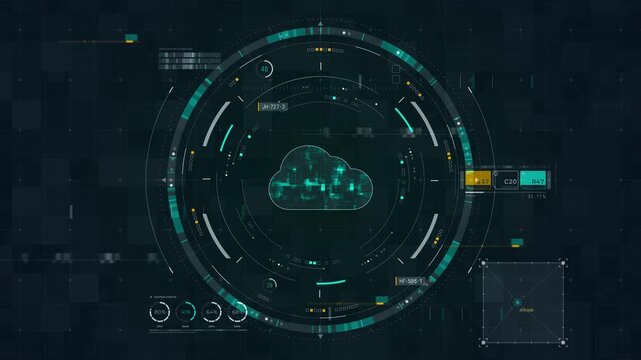 Motion graphic of cloud computing HUD interface with rotating circular dashboard, glowing data grid, and cybersecurity style for technology presentation backgrounds.