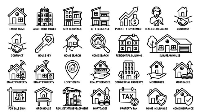 Real estate and property thin line vector icon set with houses apartments keys mortgages contracts and labeled agency elements