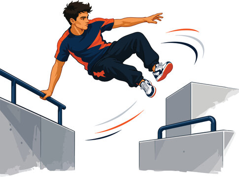 Young man performing a parkour jump over obstacles