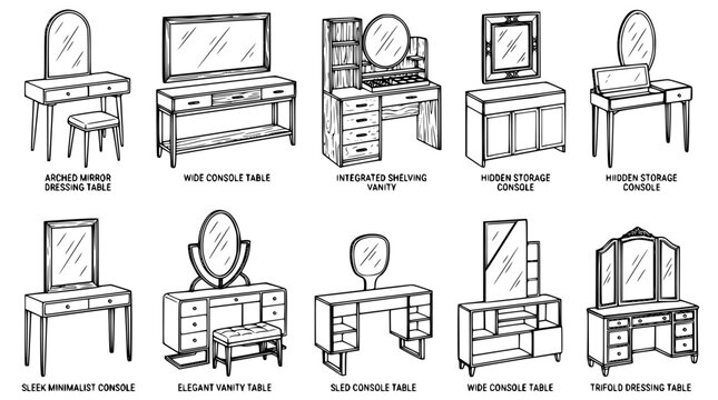 Bedroom dressing table and vanity console line art vector icon set with mirrors drawers stools and furniture elements