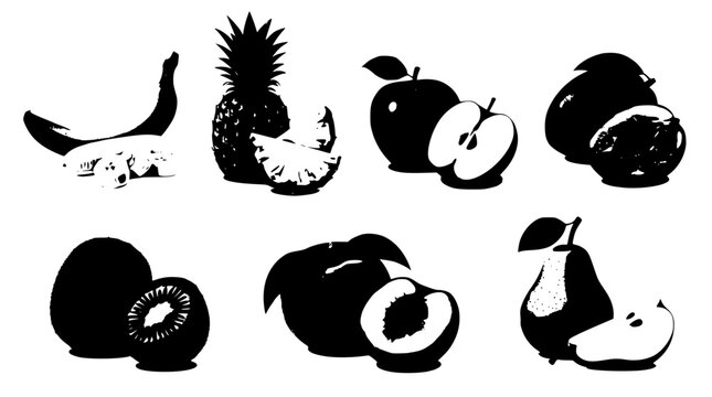 Organic tropical and orchard fruit vector silhouette set with bananas pineapples apples pears peaches kiwi and mango slices