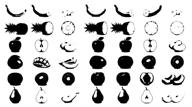 Assorted fresh fruit vector silhouette icon set featuring bananas pineapples apples pears halves and slices on white background
