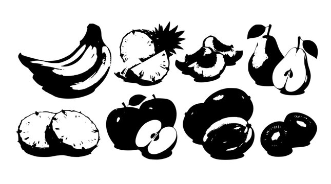Fresh tropical fruit vector silhouette collection featuring bananas apples pears pineapples citrus slices and organic harvest elements