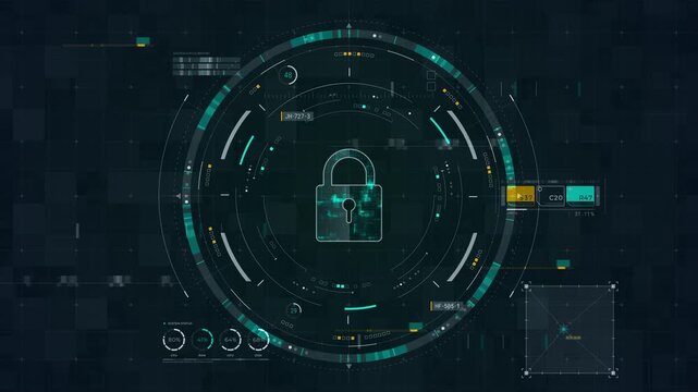 Motion graphic of cybersecurity HUD interface with digital lock icon, rotating circular dashboard, glowing data grid, and secure technology presentation style.
