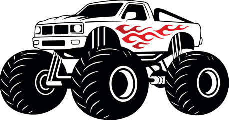 monster truck vector illustration black white flame design art © AIcon Vector