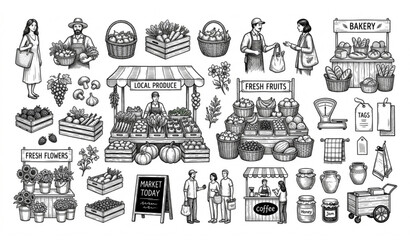 Fototapeta premium Hand Drawn Marketplace Elements Vector Collection