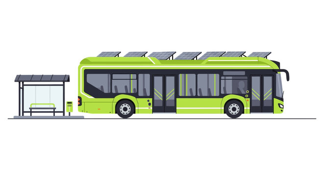 Modern Green Electric City Bus with Solar Panels at a Bus Stop - Sustainable Public Transportation and Eco-Friendly Urban Transit Concept Vector Illustration