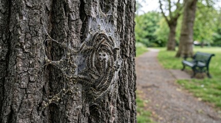 Fototapeta premium Oak Processionary Caterpillar Clusters Covering Urban Park Oak Trunk