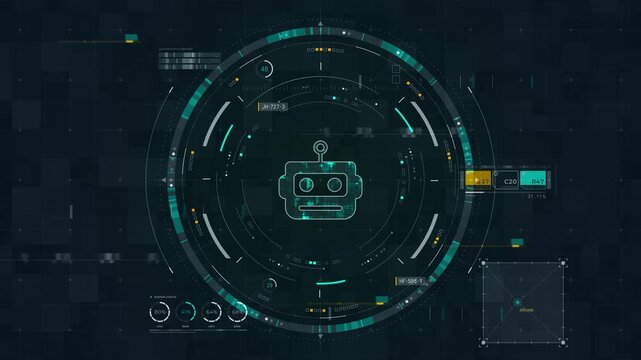 Motion graphic of chatbot HUD interface with robot icon, rotating circular dashboard, glowing data grid, and futuristic customer support technology style.