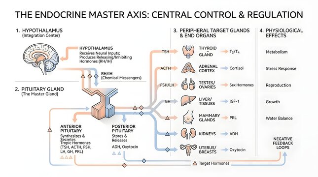 Diagram illustrating the endocrine master axis, showing central control and regulation involving the hypothalamus, pituitary gland, target organs, and physiological effects.