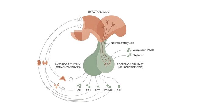Diagram illustrating the anatomical connection and hormonal regulation between the hypothalamus and the anterior and posterior pituitary glands.